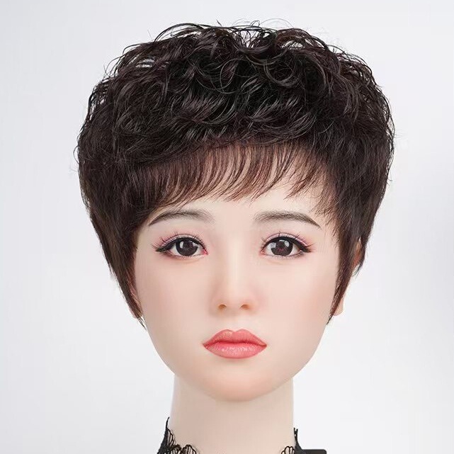 Wig Women's Short Hair Textured Mother's Full Hair Type Middle-aged and Elderly Permanent Perm Hair Set Women's Real Hair Cover