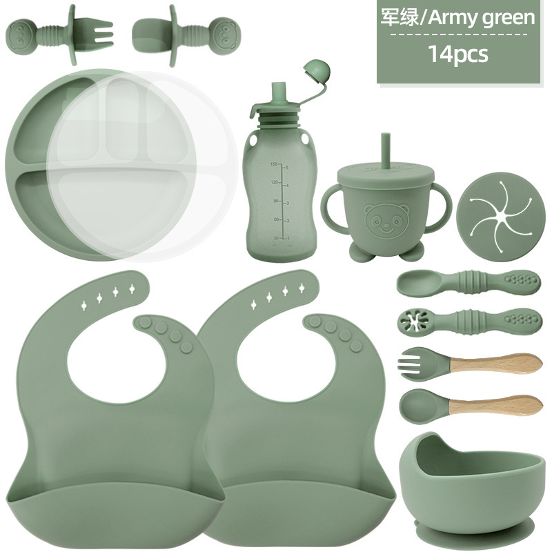 Juego de vajilla para niños, productos para bebés, tazón de silicona, tenedor, cuchara, tazón de comida para bebés, plato, vajilla de silicona de grado alimenticio