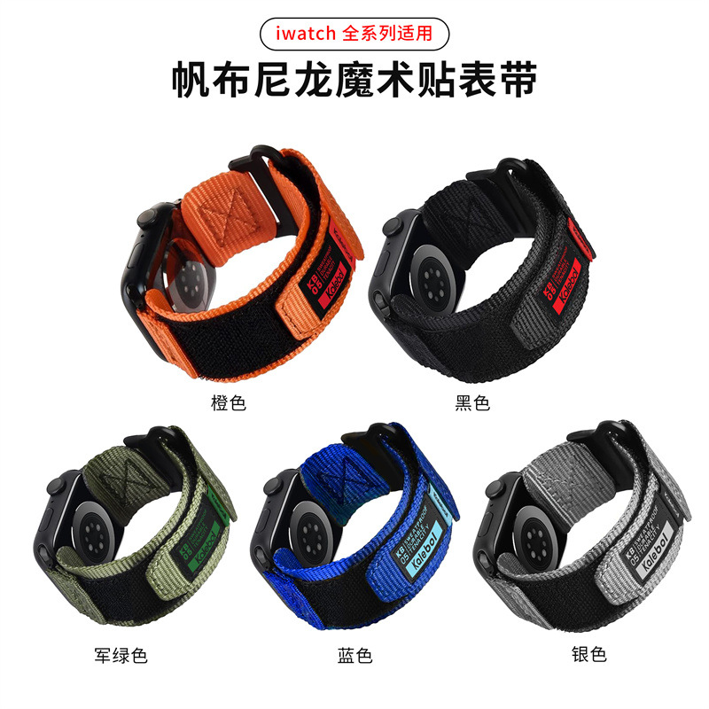 适用苹果手表apple iwatch98765432se帆布尼龙魔术贴替换表带