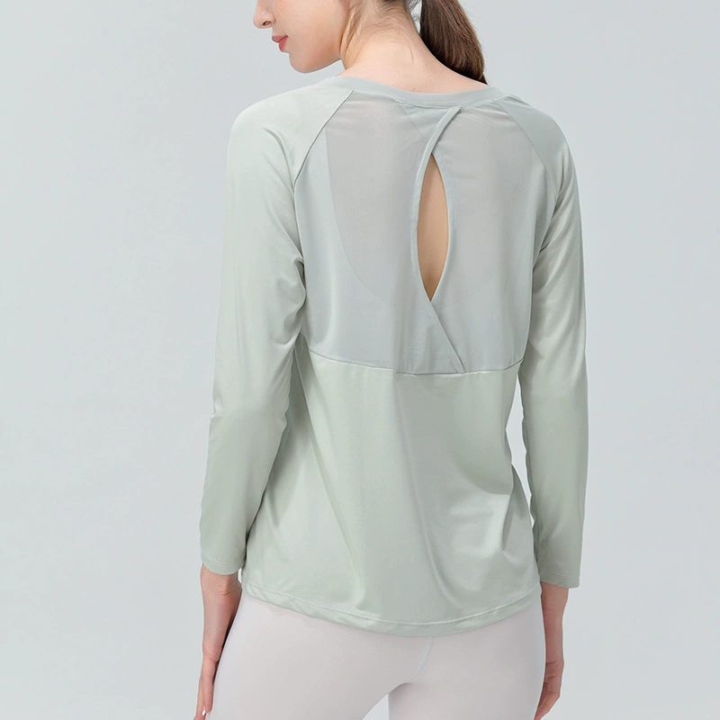 Трансграничная новая одежда для йоги, футболка, женская сексуальная сетчатая тренировочная одежда с длинными рукавами, весенний Быстросохнущий Спортивный Топ для бега