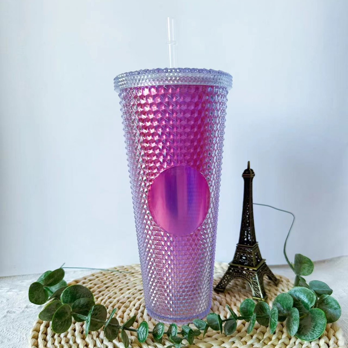 Taza de Plástico de Doble Capa 710ml, con Sorbete, Diseño Diamante/Durian, Transfronteriza