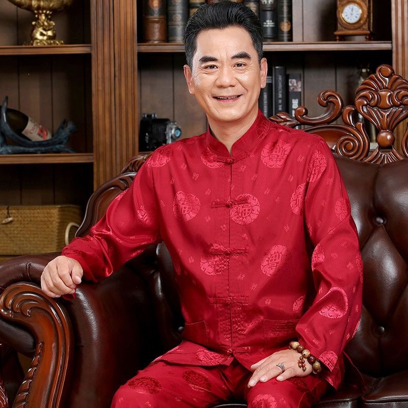 高档唐装男中年春秋装长袖一整套爷爷中国风老人过寿婚庆生日衣服