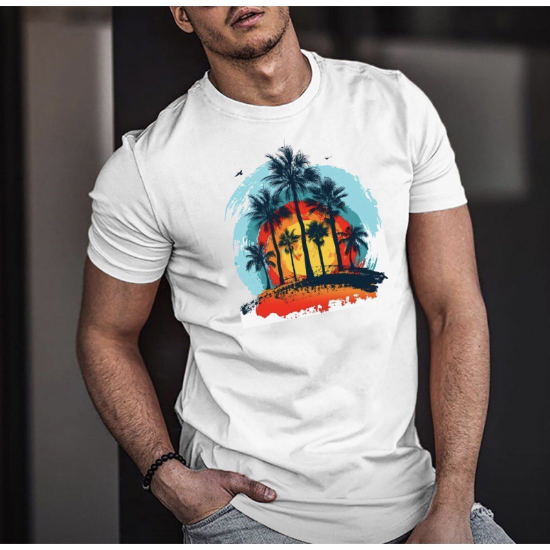 Amazon Wish source: European and American men's summer beach coconut tree printed short-sleeved crew neck top