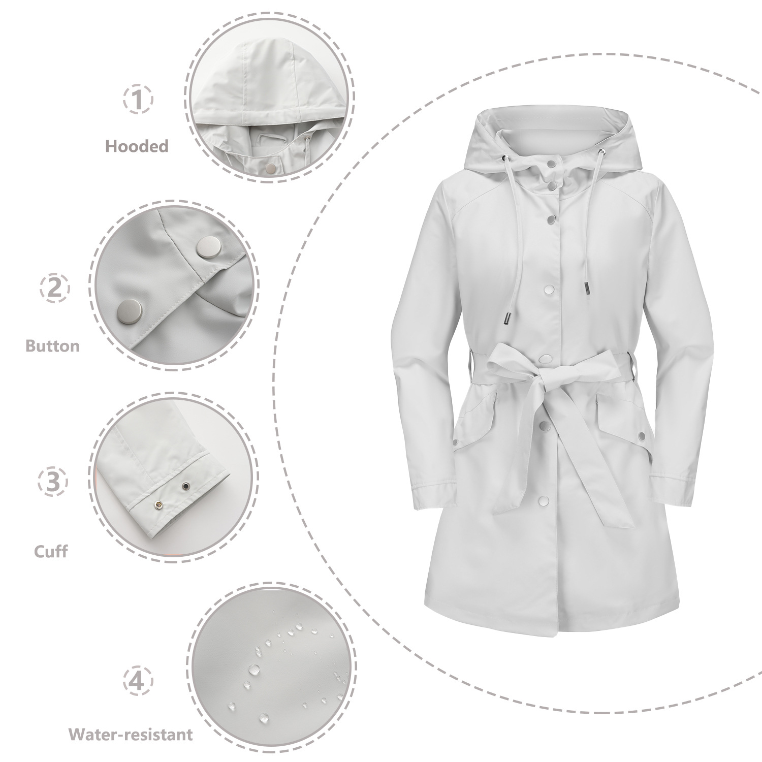 Women's Clothing Spring and Autumn Hooded Water Repellent Jacket with Belt Thin Casual Loose Windbreaker _voghion.com