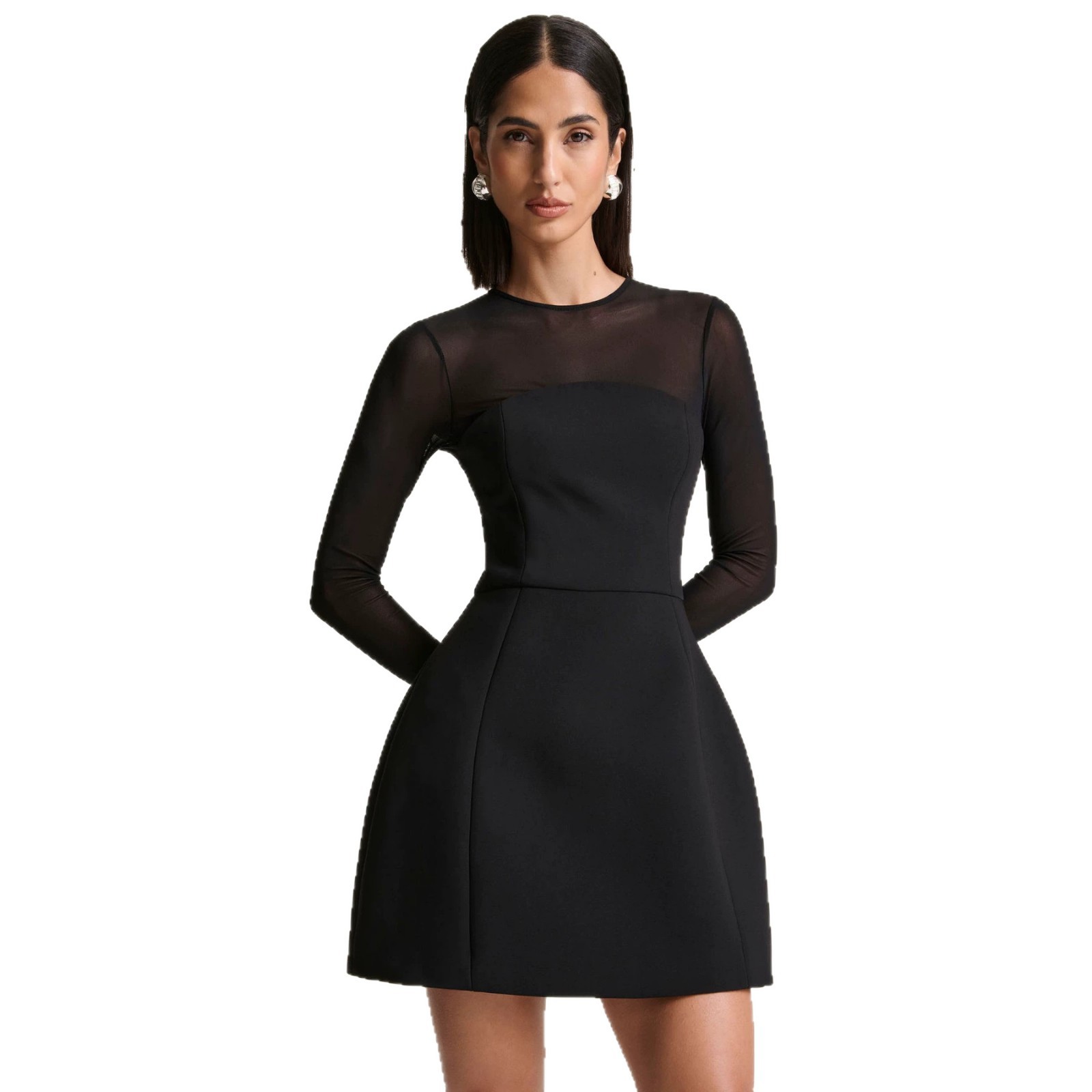 Amazon 2026 verano nuevo estilo de moda cuello redondo de manga larga malla transparente empalme vestido de cintura delgada en forma de A image 5