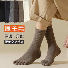 秋冬羊毛加厚五指袜子男秋冬季新款加绒保暖睡眠中筒防臭分趾长袜