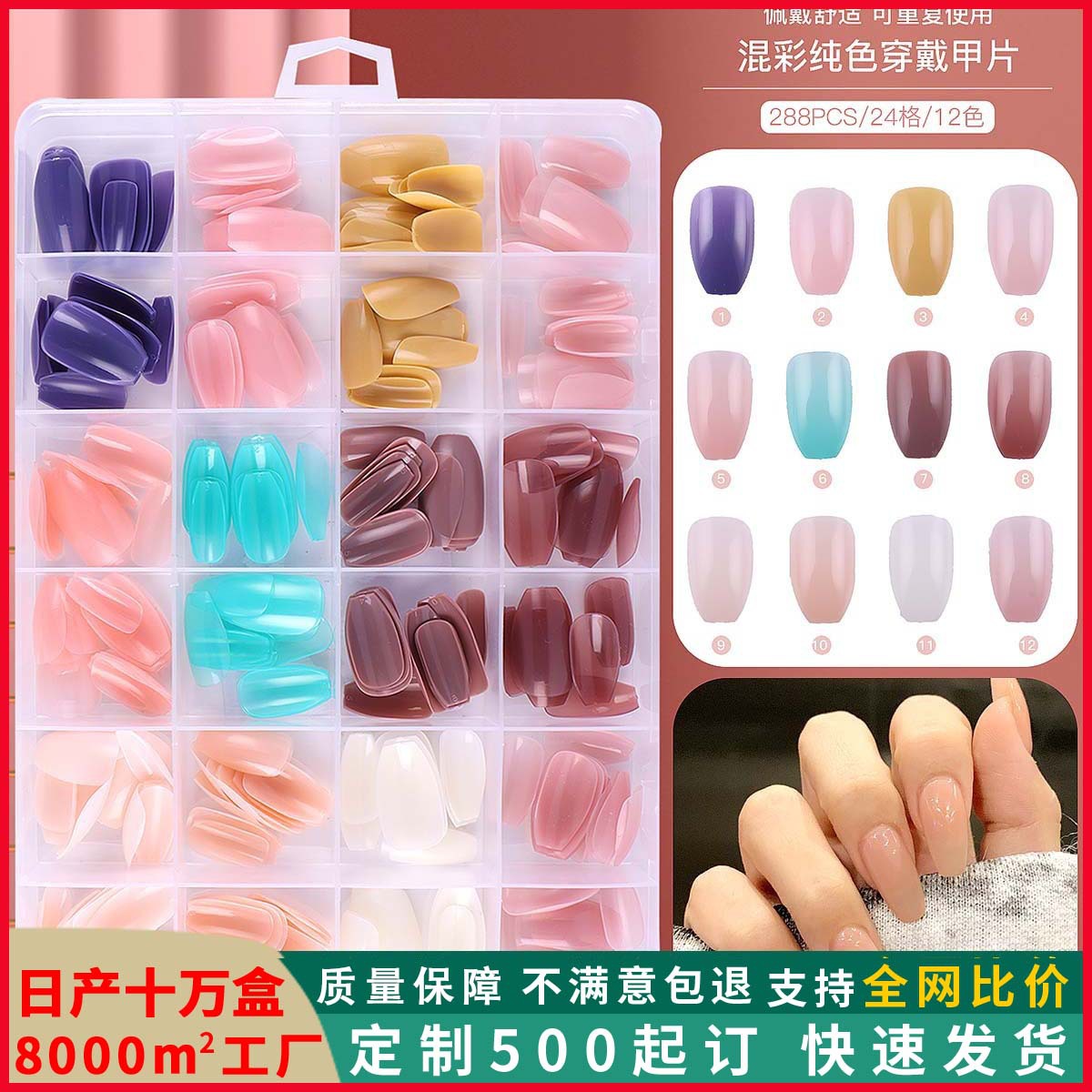 24 rejilla color sólido brillante falso parche de uñas en caja color corto Ballet desgaste de uñas especial completo pegatina de uñas pieza de uñas