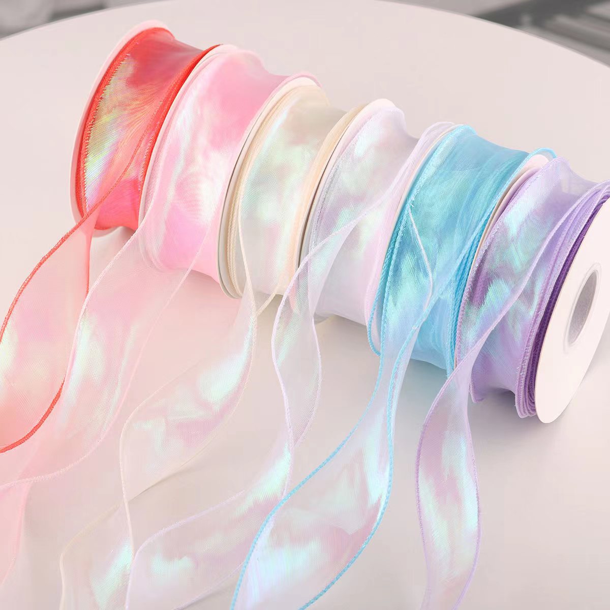 手工发饰diy幻彩鱼尾纱花束丝带极光烤边带波浪纹纱带鲜花包装材