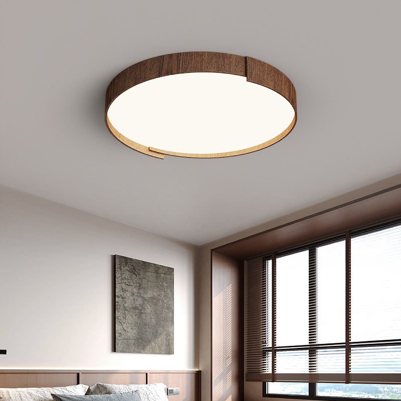 Lámpara de techo de dormitorio de estilo retro, personalidad de moda, grano de madera de nogal moderno, lámpara de sala de estar de protección ocular de espectro completo redondo