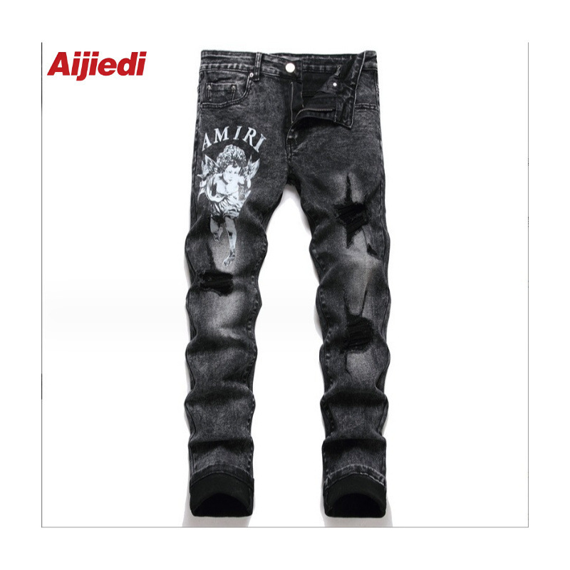 American Retro Washed Denim Motorcycle-Style Loose Casual Straight-Leg Street Letter Print Long Pants Cross-Border Black Men's Pants