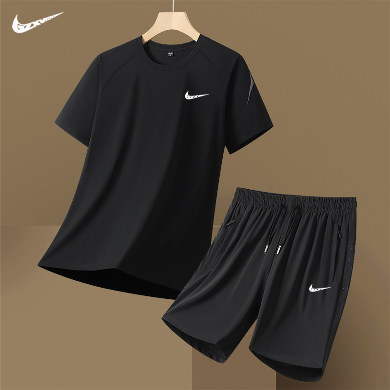 Cross-Border Wholesale Ice Silk Suit Short-Sleeved Shorts for Men Summer New Casual Sports Men's Quick-Drying Two-Piece Set Trendy Brand