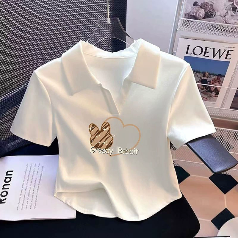 Хлопковая футболка с короткими рукавами и воротником-поло для девочек, летняя белая сексуальная футболка в консервативном стиле, тонкий короткий топ на правое плечо
