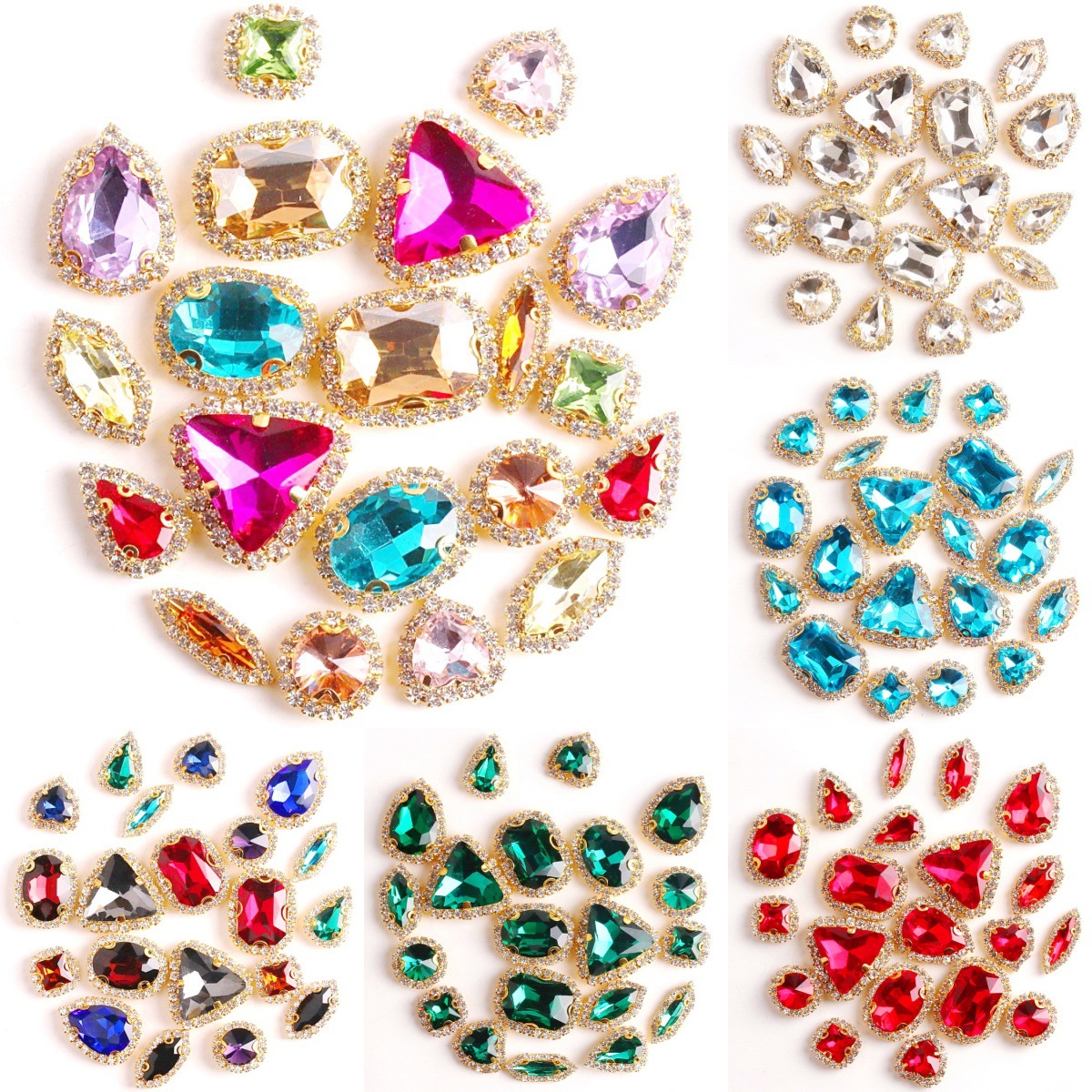 20-piece mixed set of colorful gold-pronged welded edge rhinestones with holes for DIY handmade wedding dress decoration
