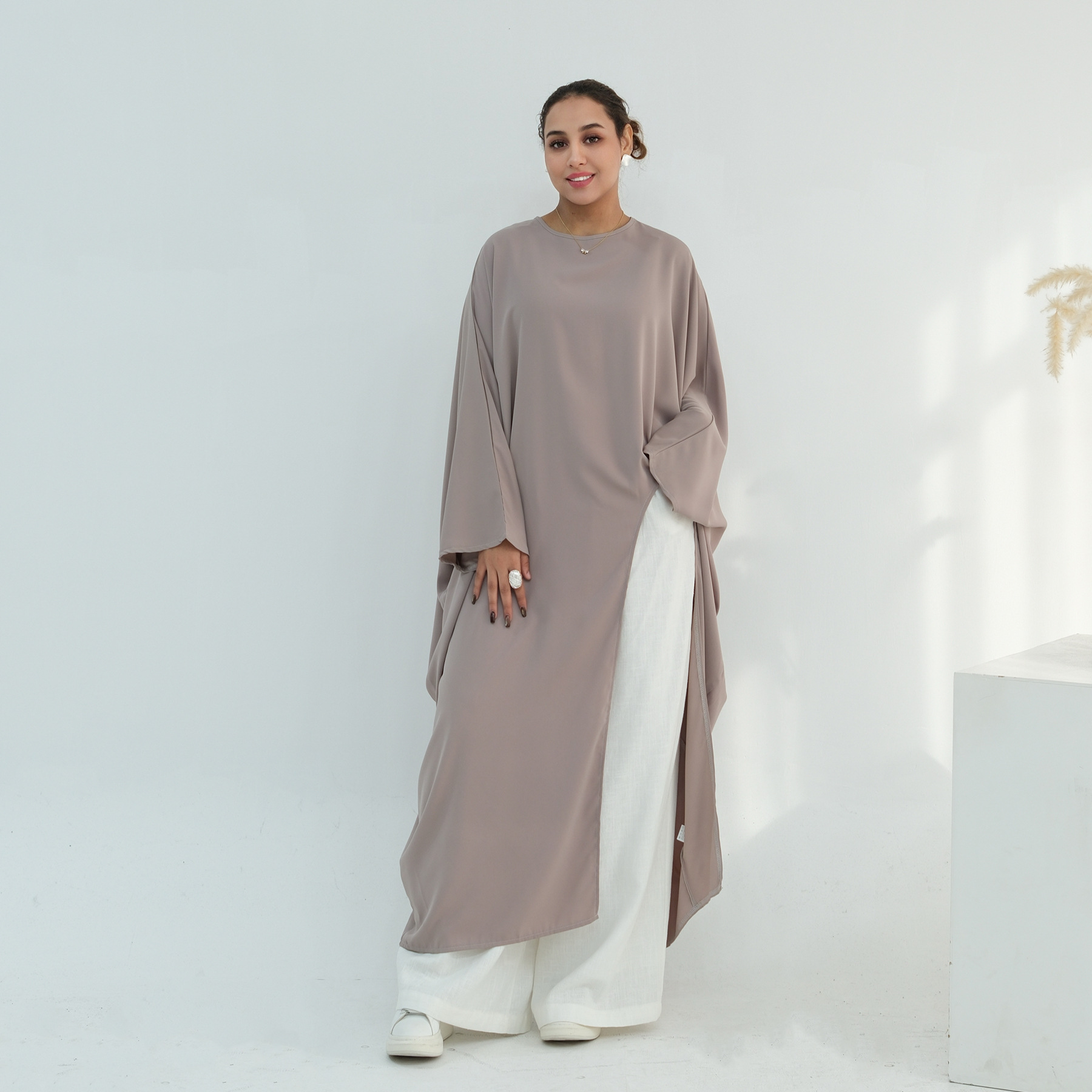 Voya Women's Oversized Modest Robe - Loose Fit Asymmetric Top With Crew Neck, Solid Color Longline Cardigan, Casual Loungewear, Elegant Daily Wear,_ecoleips.com
