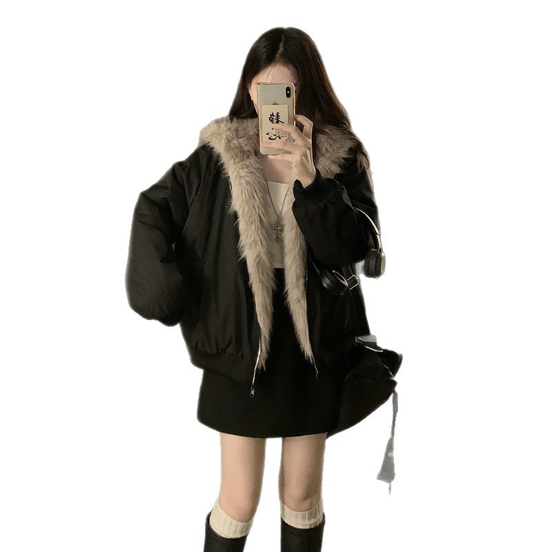 2025冬季新款两面穿连帽可爱短款拼接休闲时尚潮流宽松棉服外套女|undefined