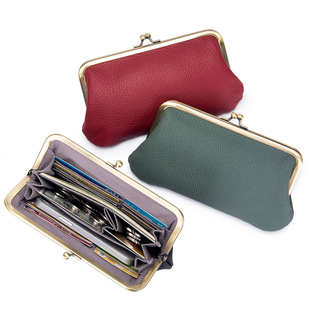 Top Layer Cowhide European and American Clip Clutch Clutch Bag Women's Genuine Leather Long Clutch Bag Wallet Mouth Gold Storage Bag Large Capacity