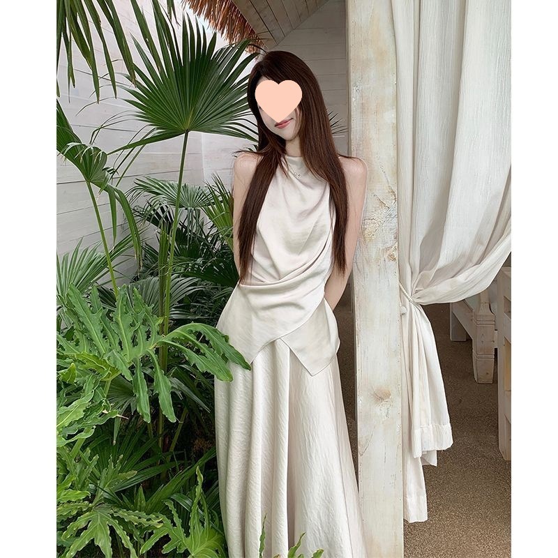 小众不规则系带设计感缎面背心半身裙夏季新款时尚两件套女潮通勤|undefined