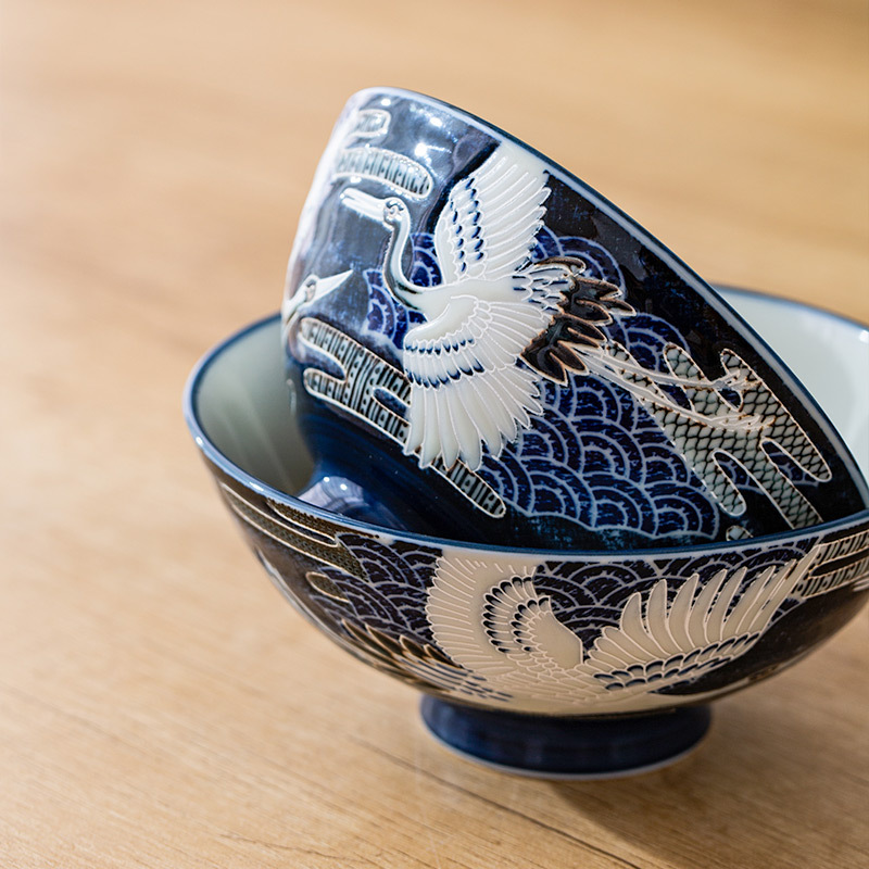 日本进口和风&动物陶瓷米饭碗 祥瑞仙鹤梅花青蛙釉下彩亲子高脚碗