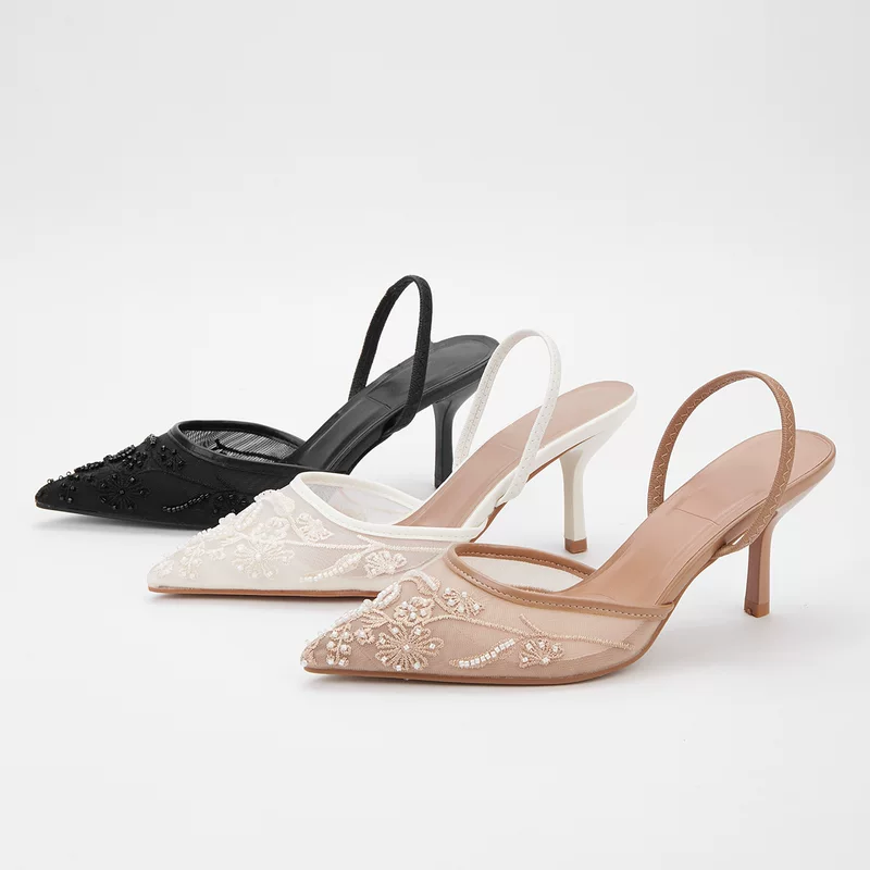 Новые осенние женские вышитые сетчатые туфли на pointed toe с глубокой передней частью и пустой спинкой, сандалии на каблуке-стилетте, оптовые в рамках границы
