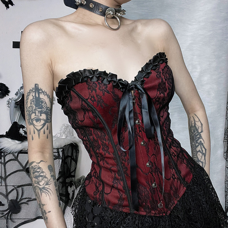 Jy22458 Dark Dark-Gothic Lace Corset Top 2025 New Gothic Style Slim Fit Tie-Up Tube Top