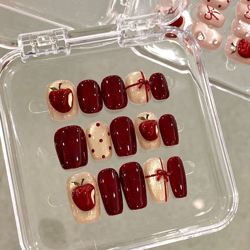 Wholesale Handmade Christmas Red Peace Fruit Style Short Press-On Nails with a High-End Feel Wholesale Handmade Christmas Red Peace Fruit Style Short Press-On Nails with a High-End Feel