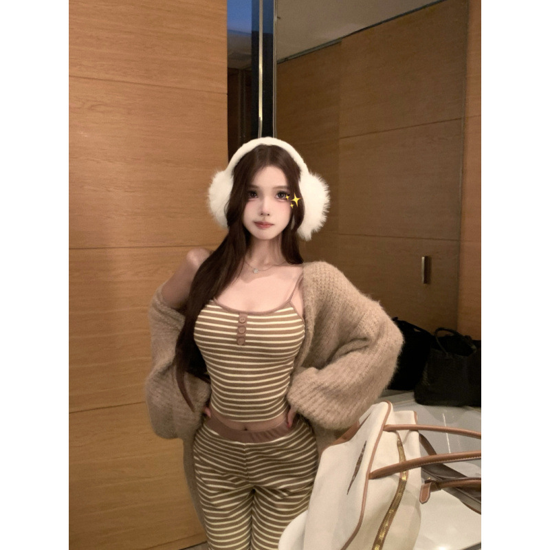 纯欲慵懒条纹吊带高腰垂感宽松显瘦休闲裤毛衣针织外套套装女|undefined