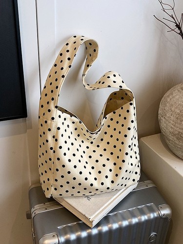 Korean-style leopard print canvas bag for women, stylish and versatile tote bag with dots, large capacity, student shoulder bag, casual design.