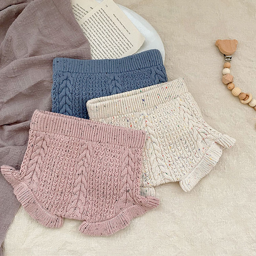 Winter and Spring Cross-Border Baby Girl and Boy Crochet Bread Pants Knitted Shorts for Boys and Girls with Colorful Spots Cotton Lotus Leaf Butt Pants