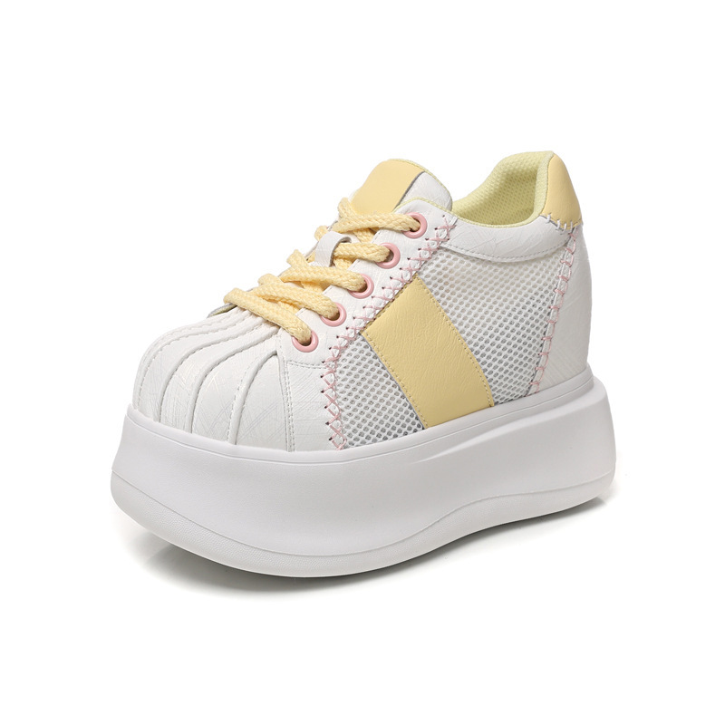 Giày sneaker nữ đế dày tăng chiều cao lưới thoáng khí phối màu trắng hồng — Trắng hồng