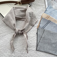 日式文艺复古小格子菱形巾夏全棉透气吸汗护颈防晒棉麻三角巾领巾