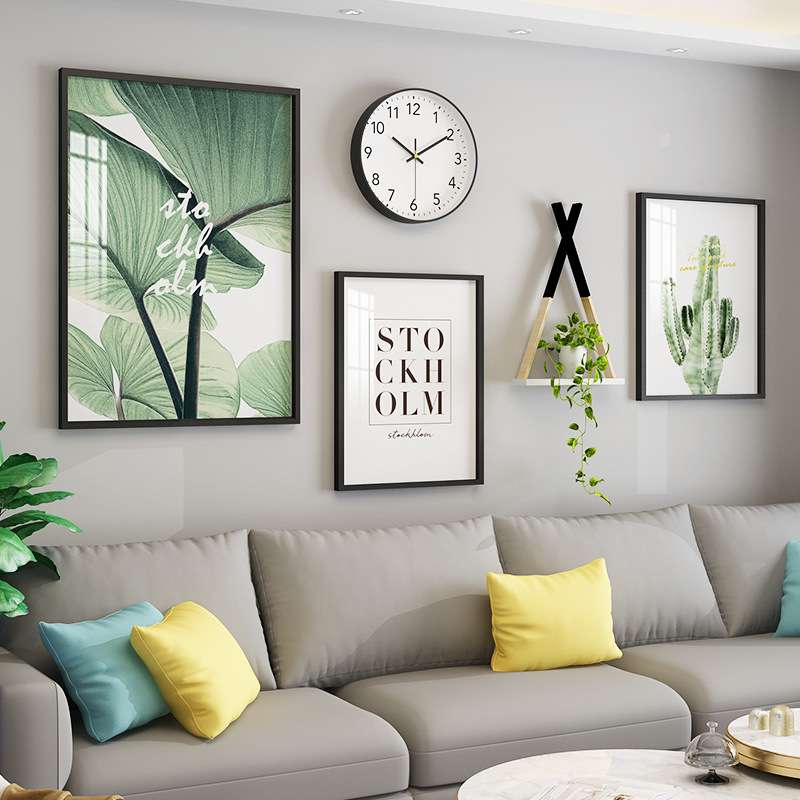 现代简约风格绿植客厅配挂表装饰画创意组合挂画沙发背景墙壁画