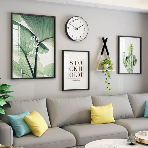 Modern Minimalist Style Green Plant Living Room with Wall Clock Decorative Painting Creative Combination Wall Art Sofa Background Wall Painting