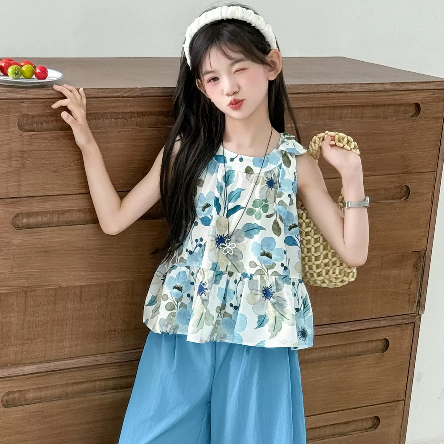 女童夏季套装韩系百搭2025新款中大童女孩休闲背心阔腿裤两件套潮