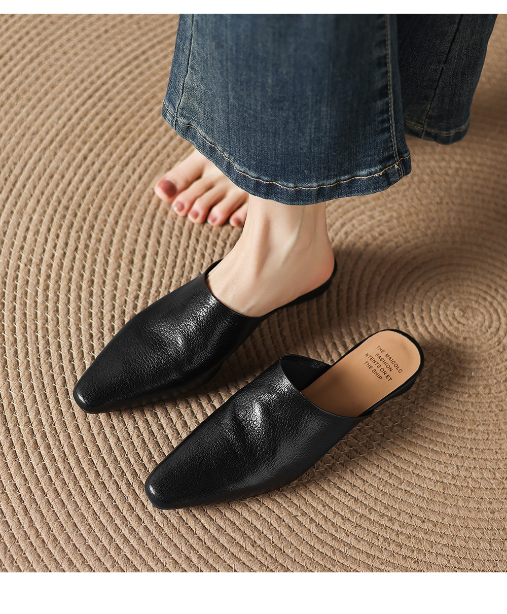 Giày mule nữ da cừu mũi vuông đế bệt — đen chi tiết 6