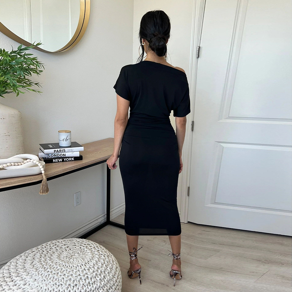 Women Clothing Popular Solid Color Pleated Slim-Fit Oblique Shoulder Dress 24 Women Clothing Popular Solid Color Pleated Slim-Fit Oblique Shoulder Dress