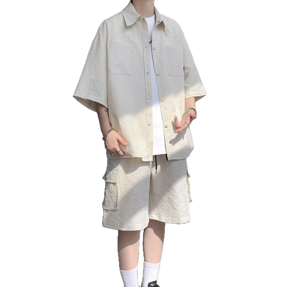 Men's Retro American Style Icesilk Set | Quick-Dry Workout Short Sleeve & Shorts | Athletic Casual Two-Piece Outfit_voghion.com