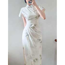 新中式温婉复古印花短袖旗袍夏季新款年轻少女开叉改良国风连衣裙