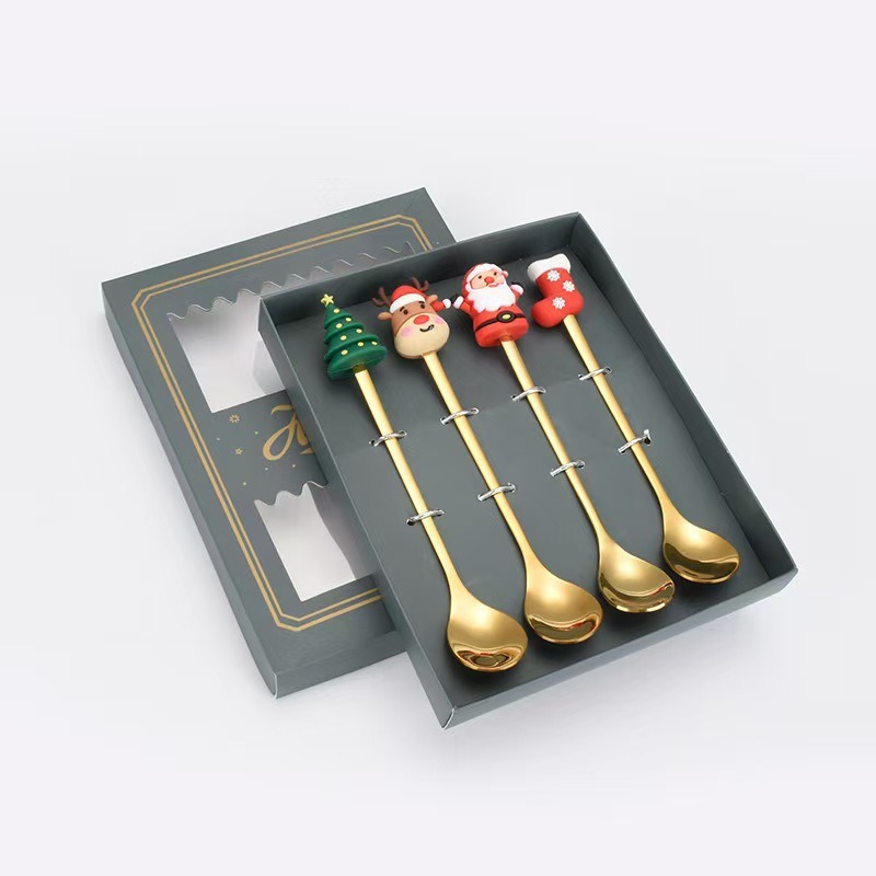 Cucharas de acero inoxidable transfronterizas muñecas de Papá Noel cubiertos cajas de regalo caseras de café mezclador cucharas de postre horquilla de frutas