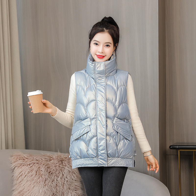 Coreano brillante lavar la capa de algodón de pluma suelta a prueba de viento impermeable chaleco de invierno corto chaleco de hombro chaqueta