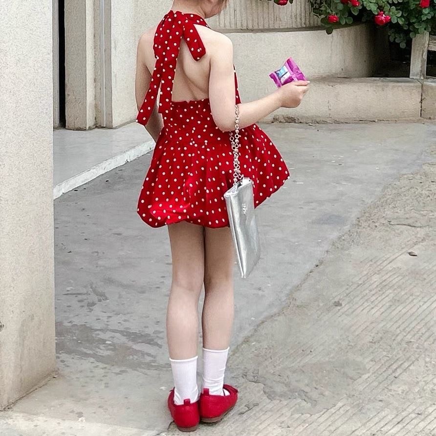 2025 vestido año natal China Red Wave Dot Niños Niñas Verano Chaleco Falda Bebé Vestido de princesa de estilo occidental