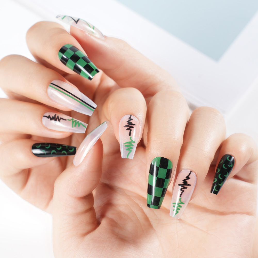 Cross-Border European and American Wearable Nails Christmas Series Wearable Manicure Cute Green and Black Striped Nails Foreign Trade Wholesale
