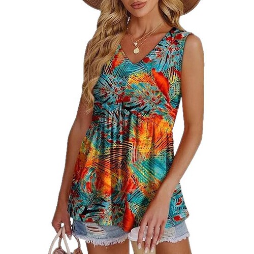 Eurasian Cross-Border 2025 Amazon Independent Station Summer Flowing Lotus Edge Print Women's Elegant Sleeveless Tank Top
