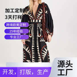 欧美亚马逊2026新款长裙复古印花长袖时尚V领灯笼袖欧美连衣裙女