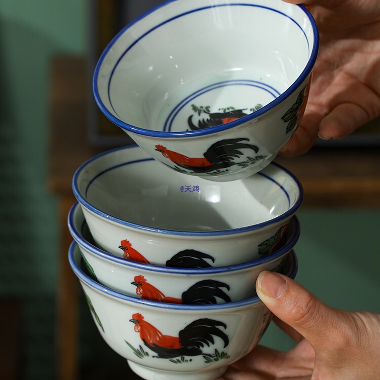 Nostalgic Old-Fashioned Retro Blue and White Rooster Bowl Ceramic Eating Bowl Household Underglaze Color Large Chicken Bowl Set Commercial