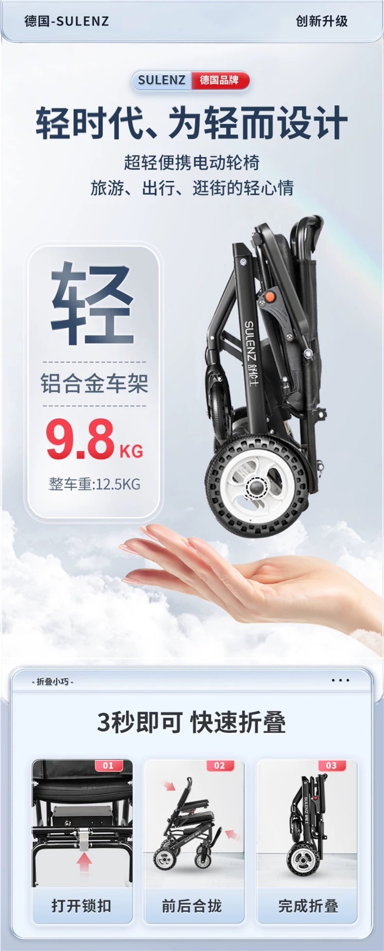 Shulunshi electric wheelchair is a lightweight, foldable, intelligent, fully automatic, ultra-light four-wheel mobility vehicle for the elderly and disabled