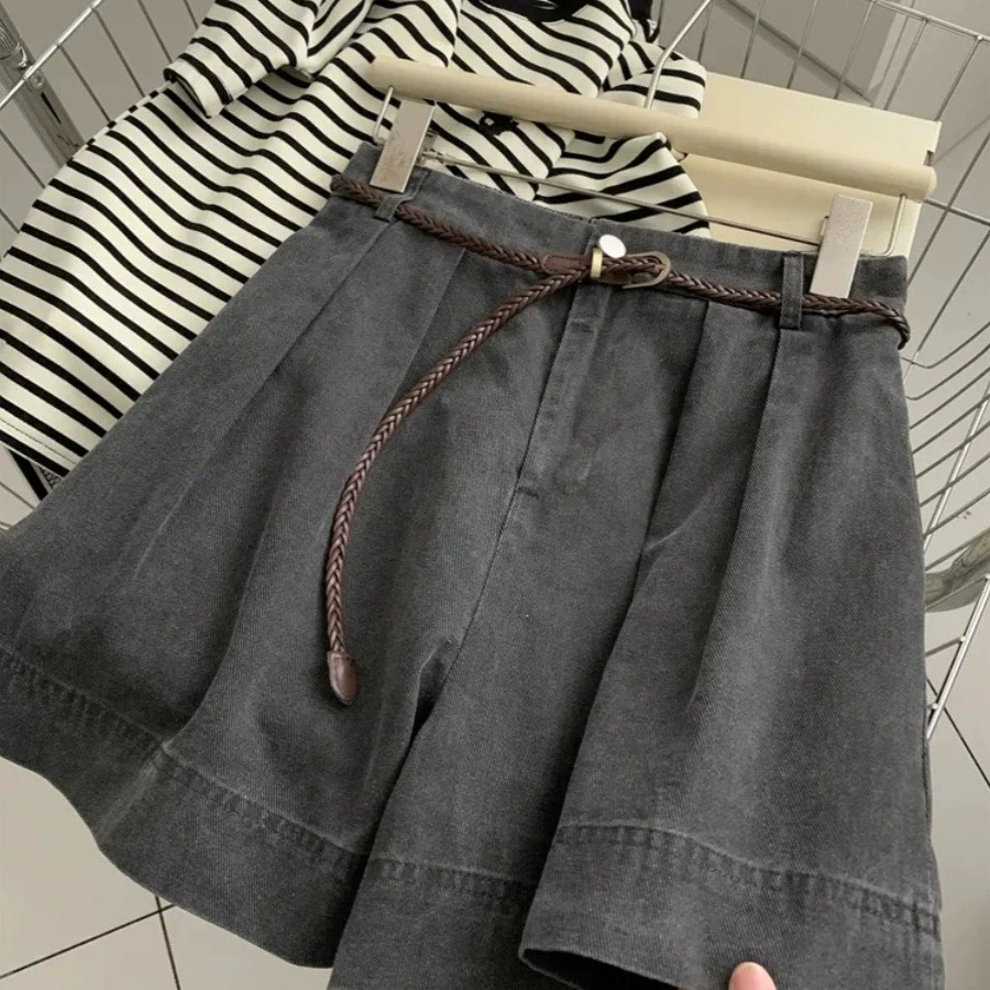 Постираные винтажные широкие шорты трапециевидной формы с высокой талией для женщин с поясом, летние свободные модные универсальные повседневные брюки для похудения, модные