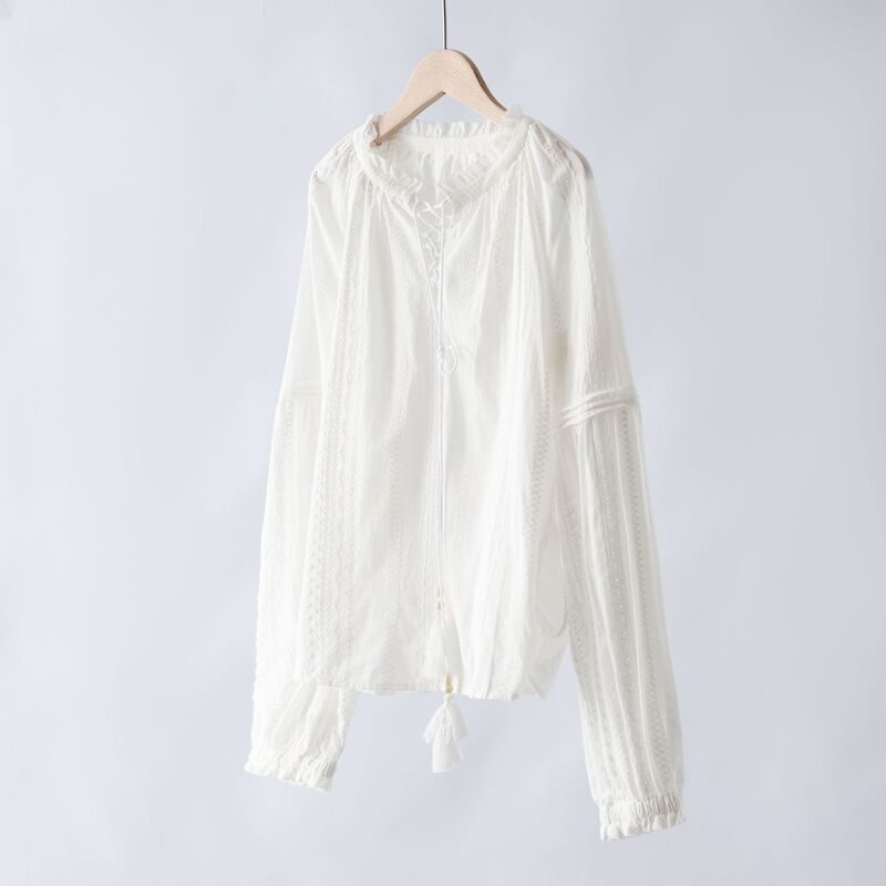 Original C! Heavy Industry White Moonlight Embroidery Lace Style Loose Long Sleeve Shirt for Women Vacation Style 2025 Summer