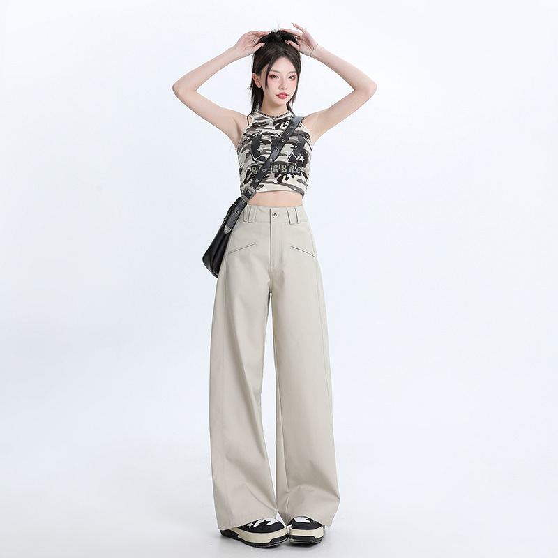 Beige Wide-Leg Casual Pants for Women, 2026 Summer New Style, Straight Loose High-Waisted Drapey Slimming Suit Pants