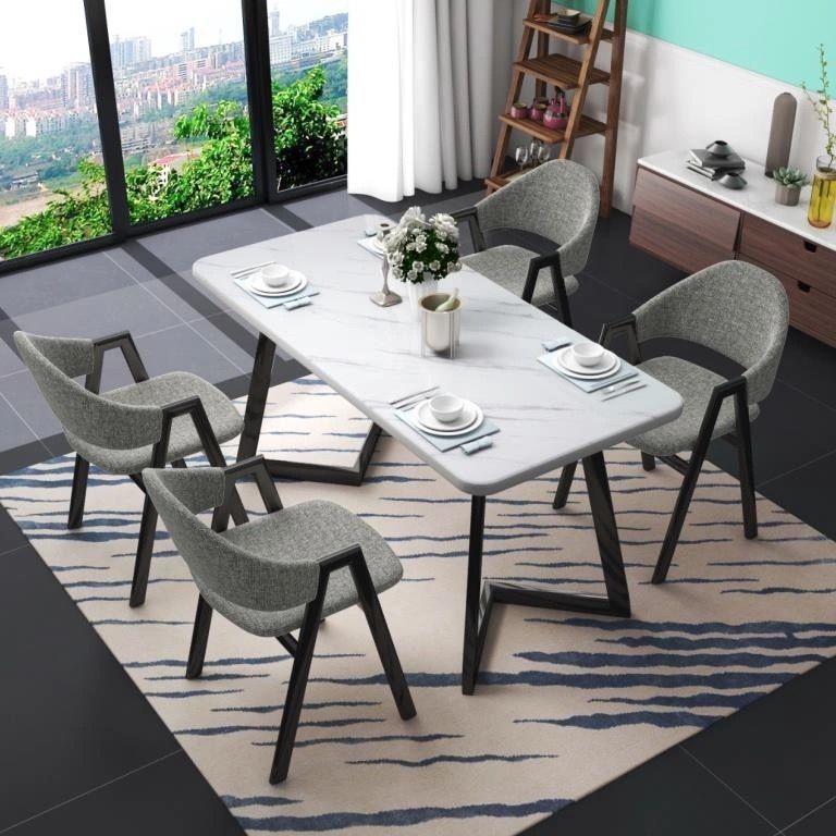 흰색 대리석 테이블 + 회색 리넨 의자 4개