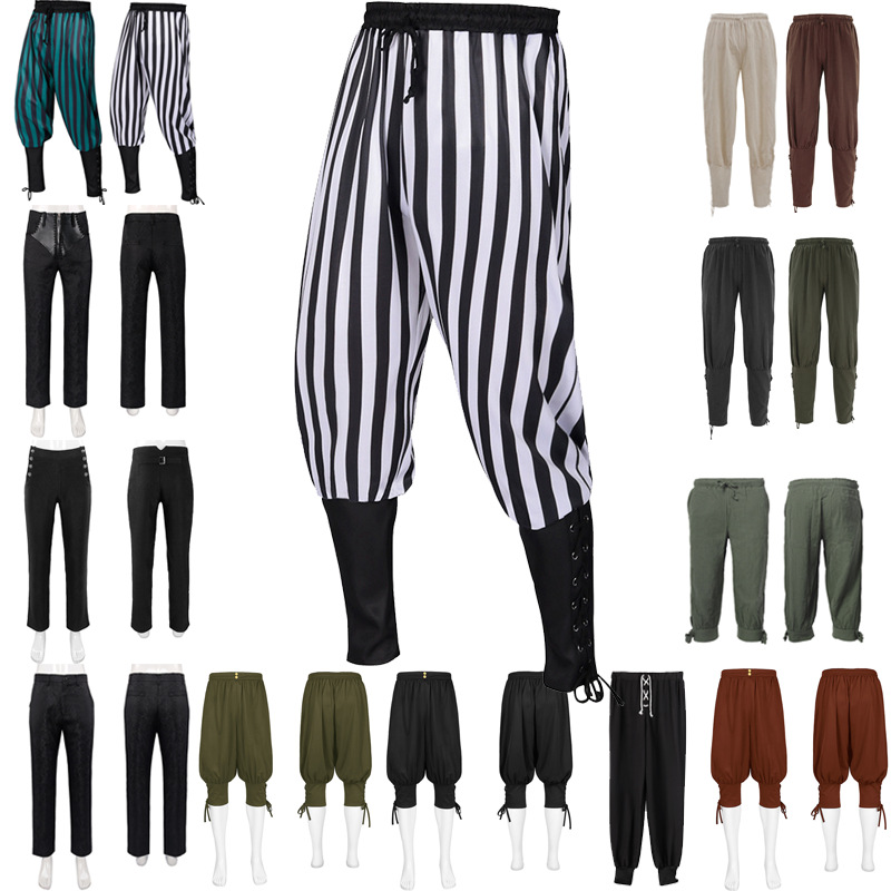 2024 Amazon New Men's Medieval Four-Color Retro Performance Leggings with Bandage Pants Pirate Ship Cosplay Costume